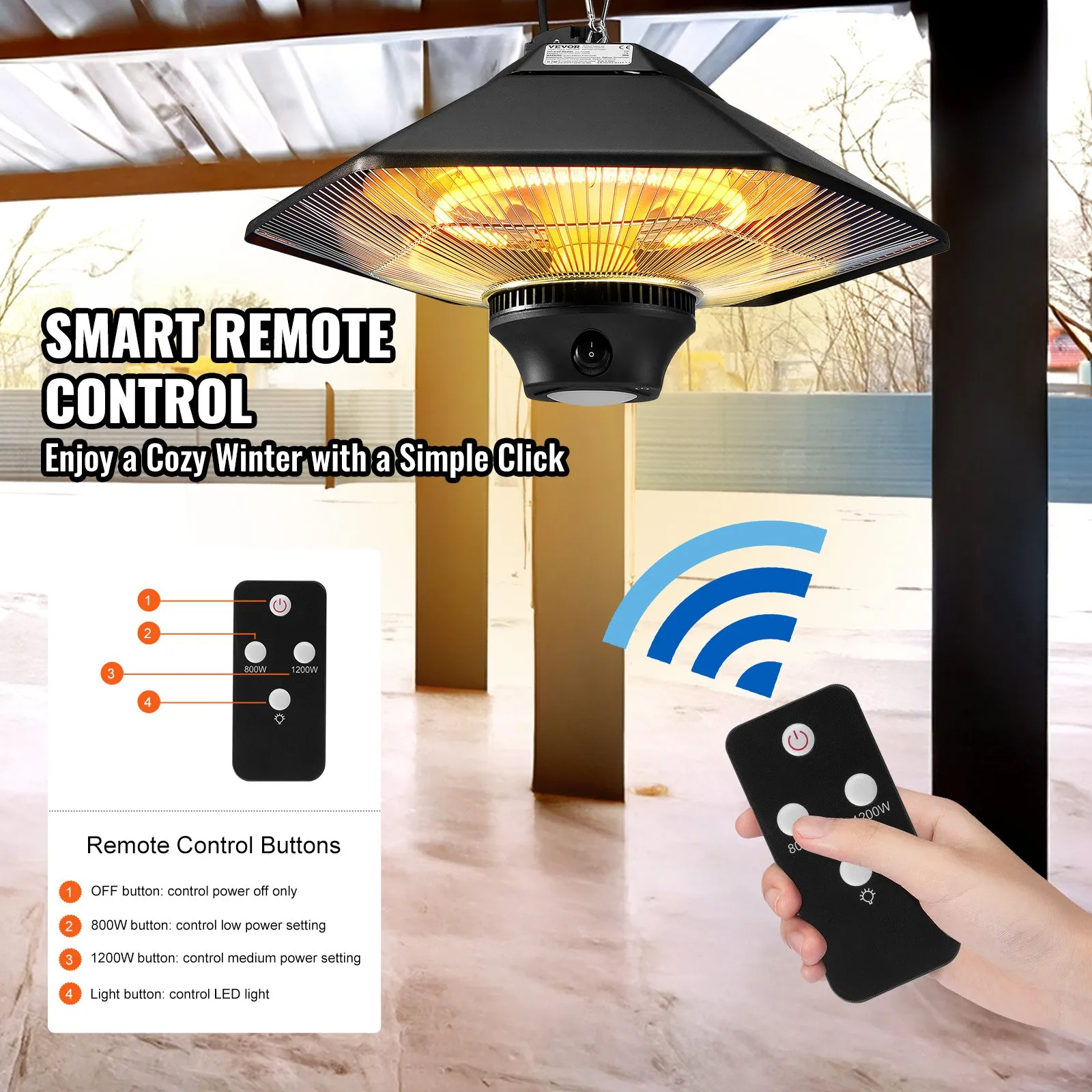 deckenheizstrahler 2000w mit fernbedienung & led, ip34, 3 stufen, für terrasse & innen deckenheizstrahler 2000w mit fernbedienung & led, ip34, 3 stufen, für terrasse & innen