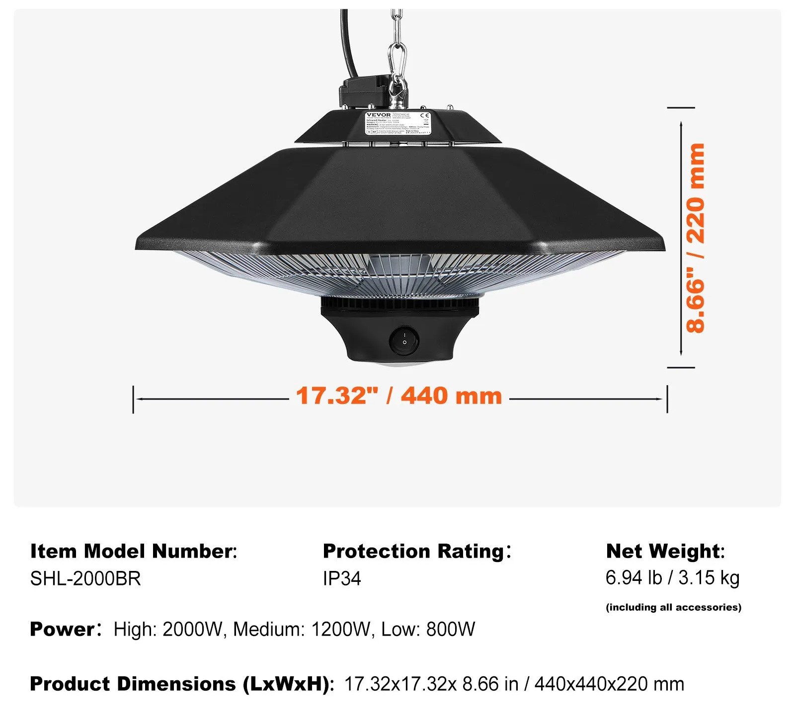 deckenheizstrahler 2000w mit fernbedienung & led, ip34, 3 stufen, für terrasse & innen deckenheizstrahler 2000w mit fernbedienung & led, ip34, 3 stufen, für terrasse & innen