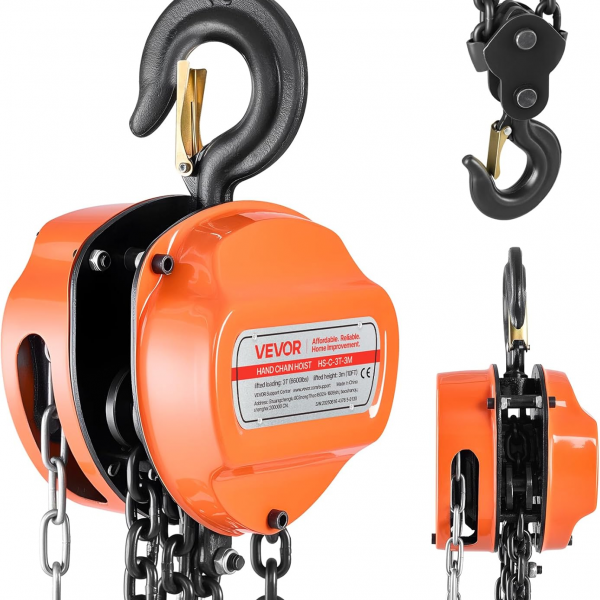 vevor kettenzug mit 3 t traglast, handkettenzug, 3 m hubhöhe, hebezug mit g80 kette, hochleistungs flaschenzug, manuelle hebezeuge, kettenflaschenzug für garagen, lager, automobilmaschinen, orange