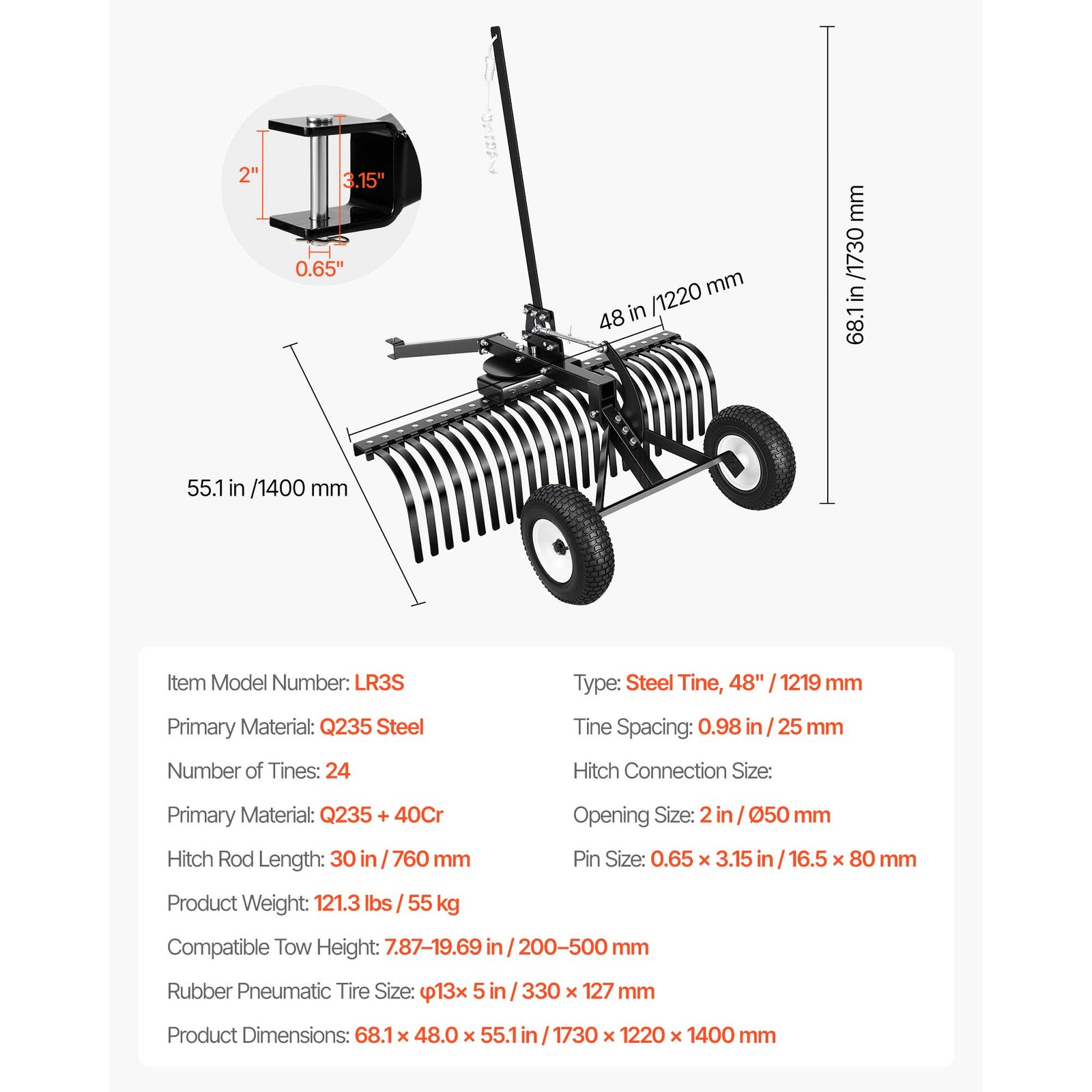 vertikutierer rasenrechen 1219mm 24 zinken höhen winkelverstellung, atv traktor vertikutierer rasenrechen 1219mm 24 zinken höhen winkelverstellung, atv traktor